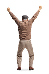 Rear view shot of a happy elderly man cheering with a arms up