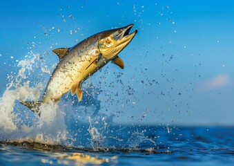 Majestic Tarpon Fish Jumping Out of Ocean Water with Water Droplets