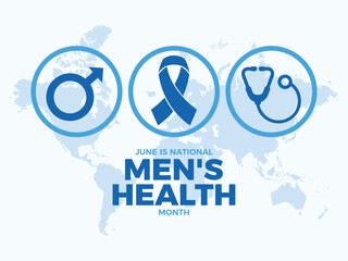 June is National Men's Health Month poster vector illustration. Blue awareness ribbon and male symbol icon set vector. Template for background, banner, card. Important day