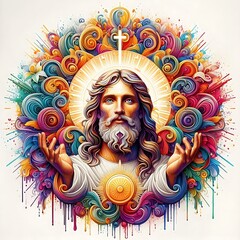A colorful artwork of a jesus christ with his hands up has illustrative art attractive used for printing.