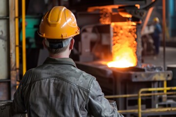 Worker in a protective helmet observing the molten metal pouring process in a steel foundry or industrial facility.