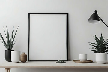 Frame Blank Mock-up minimalist. Frame Mock-up with Candle and Plant