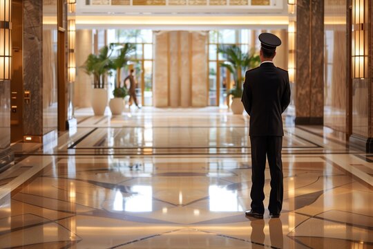 Luxurious hotel lobby with a polished marble floor, elegant lighting, and a uniformed doorman standing near the entrance.