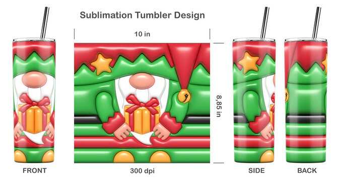 Funny Christmas Elf. 3D inflated bubble sublimation design for 20 oz skinny tumbler. Sublimation illustration. Seamless from edge to edge. Full tumbler wrap.