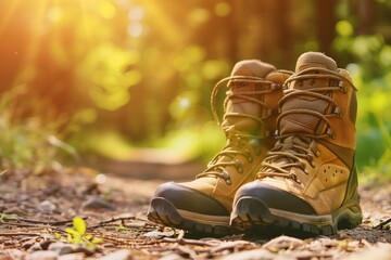 Close-Up of Hiker's Boots on Rocky Trail: Adventure, Exploration, and Nature Walk