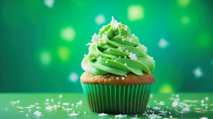 muffin with green icing against green background