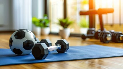 a home gym setting, featuring a soccer ball and dumbbells resting on a yoga mat amidst various fitness equipment, ideal for virtual workouts or online training sessions in the style of fitness