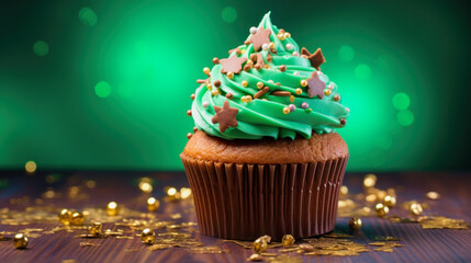 illustration of a birthday muffin with green cream topping against green background