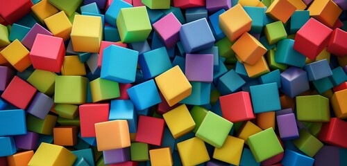 Abstract background, Many toy blocks in different colors making up one large square shape in top view.