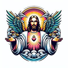 A colorful illustration of a jesus christ with wings has illustrative meaning harmony.
