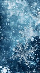 Blue surface with delicate snowflakes descending. Frosty background concept