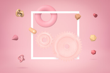 3d rendering of two light pink cogwheels and one torus on pink background