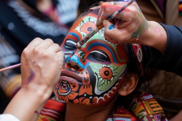 A close-up of a person's face being painted with intricate, colorful designs during a face painting event or festival.