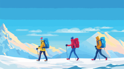 Four of cartoon backpacker winter hiking at mountain