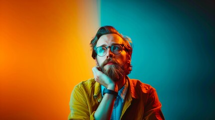 A handsome man with a beard and glasses thinking in front of a neon light background, orange yellow blue color gradient