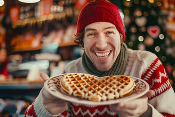 A cheerful person in a cozy sweater and red hat holding a plate with heart-shaped waffles in a festive, warm cafe setting.