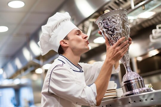 A chef in a professional kitchen, kissing a large ornate trophy, celebrating a culinary achievement.