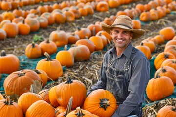 Smiling farmer in overalls and hat sitting among rows of pumpkins in a pumpkin patch. Autumn harvest and agritourism concept.