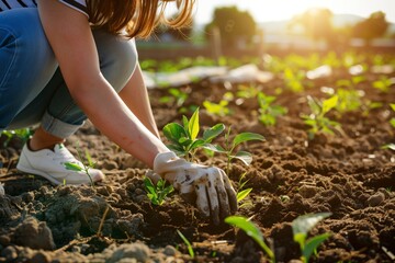 Person wearing gloves planting young seedlings in a sunlit garden. The focus is on the hands and the small plants in the soil, with a natural, outdoor setting. - Powered by Adobe