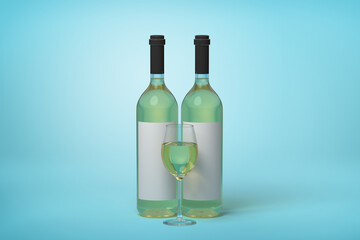 Pair of white wine bottles with glass