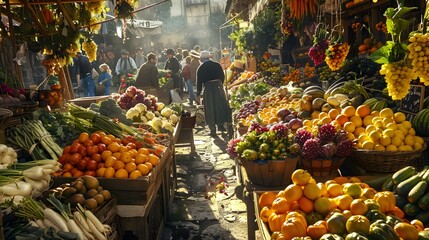 Craft a photograph of a bustling farmer's market, with stalls overflowing with fresh fruits, vegetables, and flowers