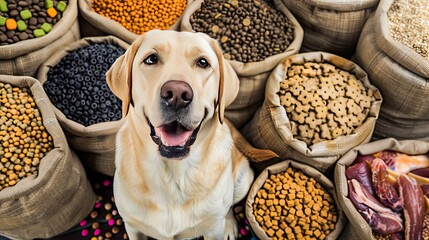 a happy Labrador Retriever sitting contentedly in front of a generously filled bowl of dog food,...