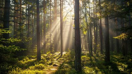 Fototapeta premium A peaceful forest scene with sunlight streaming through the trees