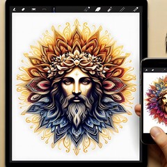 A hand holding a phone and a drawing of a jesus christ image used for printing lively image meaning.