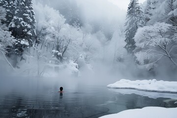 A lone swimmer in a hot spring surrounded by a snow-covered winter forest, with mist rising from the water.