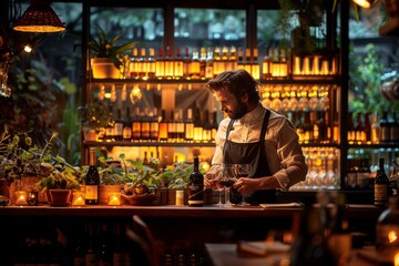 Bartender preparing wine glasses in a cozy, plant-filled bar with warm lighting and bottles displayed on shelves