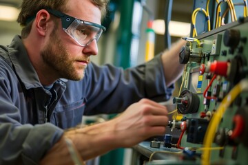 Engineer adjusting machinery equipment in a workshop, wearing safety goggles and work attire, focusing on precision and technical adjustments.