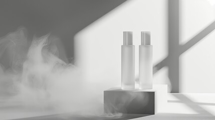 Minimalistic skincare in white and transparent plastic bottles surrounded by foggy.