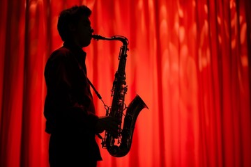 Silhouette of a saxophonist playing against a vibrant red curtain backdrop, creating a dramatic and artistic effect.