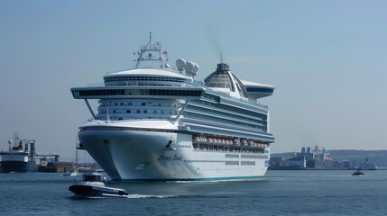 The large cruise ship is sailing in the sea, with white paint and blue glass windows on its side