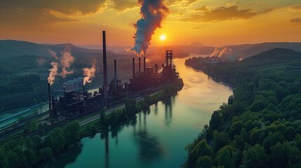 Industrial revolution of heavy industry factories surrounded with rivers and green forest at sunset - Powered by Adobe