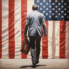 Businessman with briefcase walking on the background of the American flag