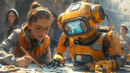A young girl and her robot friend work together to build something amazing