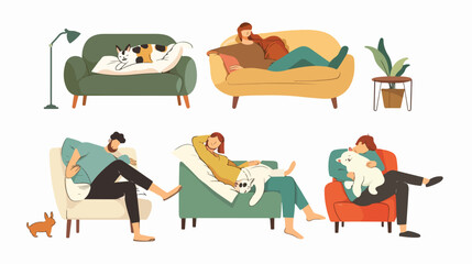 Four of people relaxing with pets on sofas and in bed