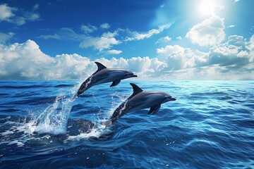 Fototapeta premium Playful dolphins arching through blue waves in oceanic ballet