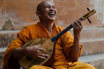 Joyful monk in orange robes playing a traditional string instrument while laughing heartily, seated outdoors against a rustic background.