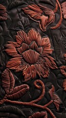 Detailed close-up of red fabric adorned with black floral embroidery. Fashion textile concept
