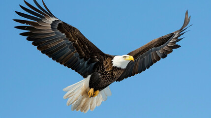 A majestic eagle soaring through a clear blue sky