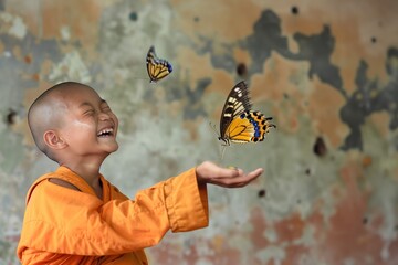 A joyful child in an orange robe happily interacting with butterflies while standing against a...