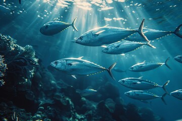 Fototapeta premium Tuna fish swimming in a school, perfect for commercial fishing concepts.