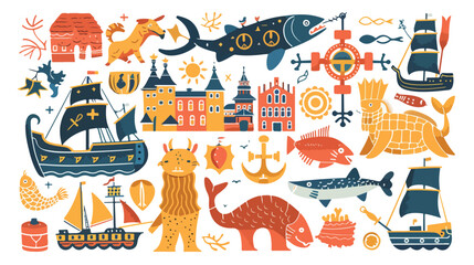 Four of traditional symbols of Sweden and Stockholm illustration