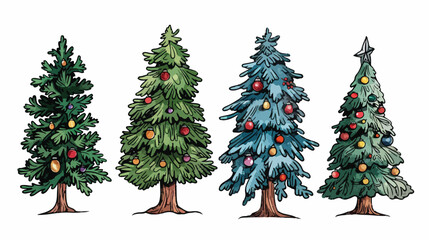 Four of various firs pines or spruces decorated with