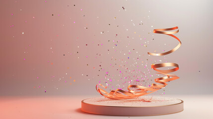 Confetti 3D ribbon podium background stage award platform product floor minimal cosmetic display scene. Ribbon 3D pedestal abstract confetti show presentation light template modern ad design premium.