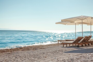 Relaxing Beach Vacation: Sunlit Waves, Sandy Shore, and Luxury Cozy Loungers Deck Chairs