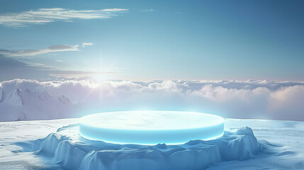 Ice podium background snow winter product platform cold mountain 3D. Podium ice display background cosmetic sky floor blue scene landscape frozen white cool stand pedestal minimal rock glacier nature.