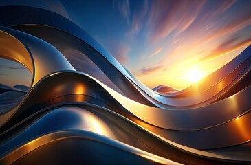 Smooth, glossy shapes in abstract, modern design, warm to cool color transition, sunrise/sunset ambiance, generative ai